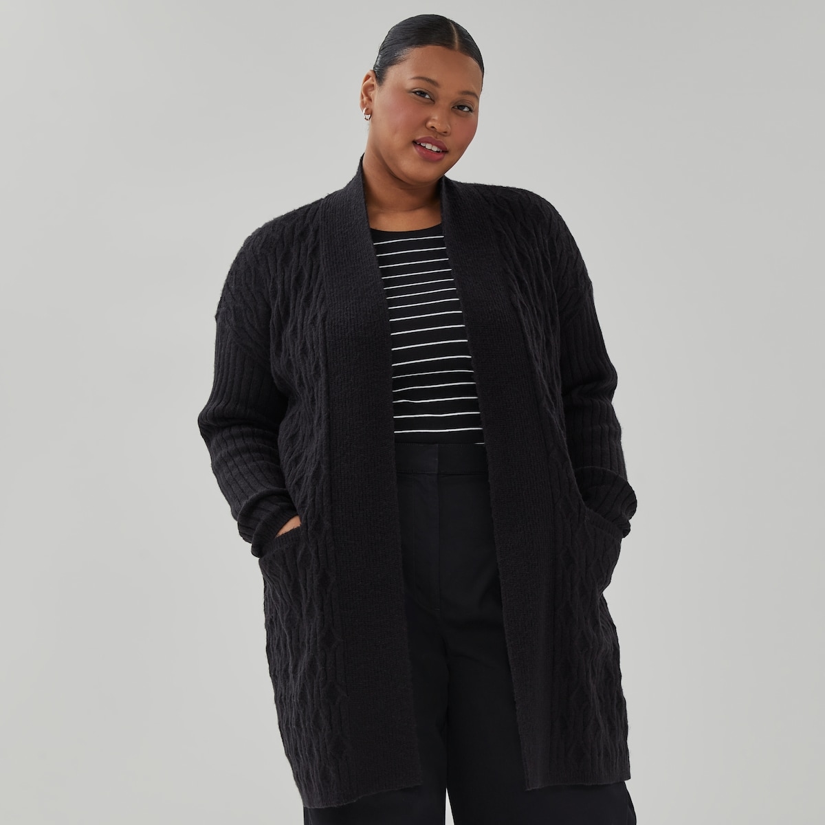 Women+ Open-Front Cable Knit Cardigan - Jf Black