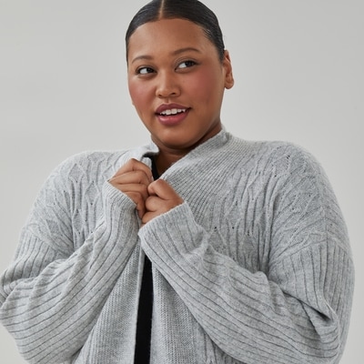 Women+ Open-Front Cable Knit Cardigan - Light Grey Mix