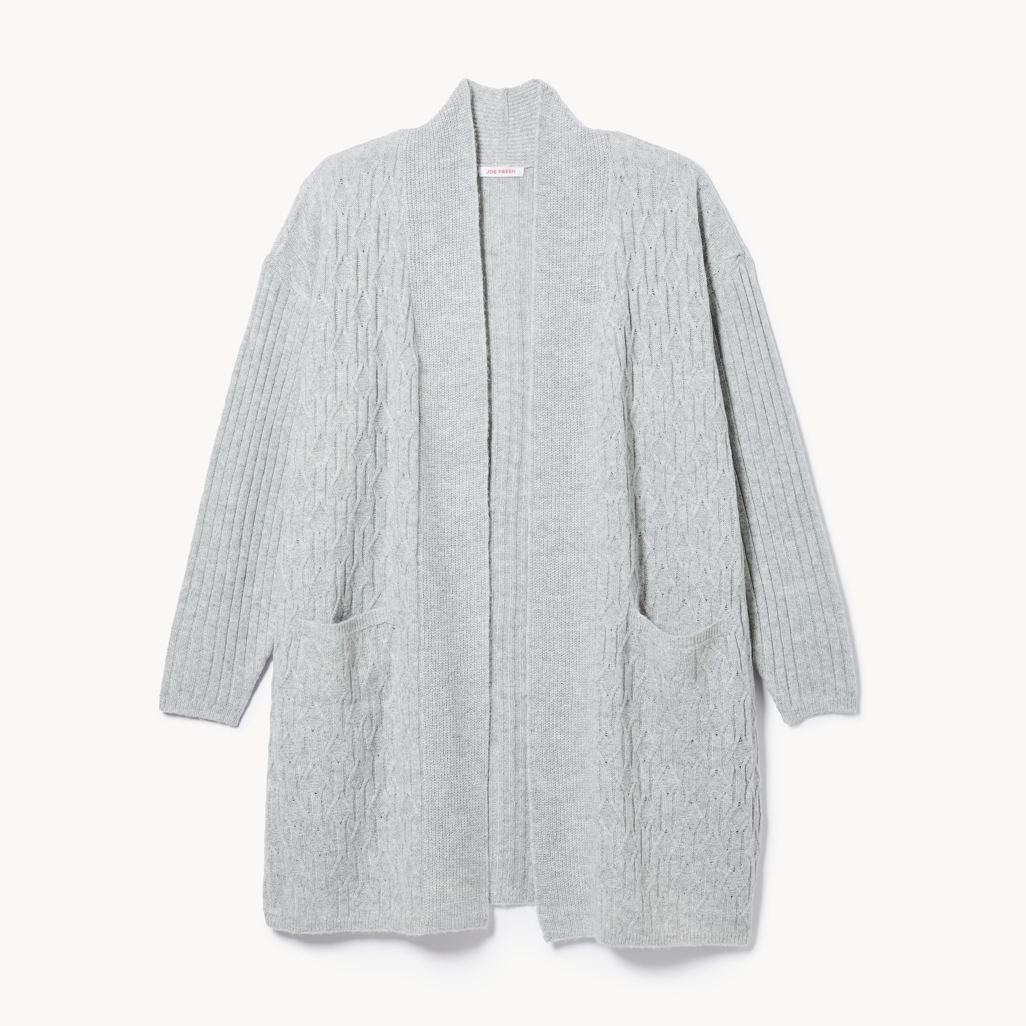 Women+ Open-Front Cable Knit Cardigan in Light Grey Mix from Joe Fresh