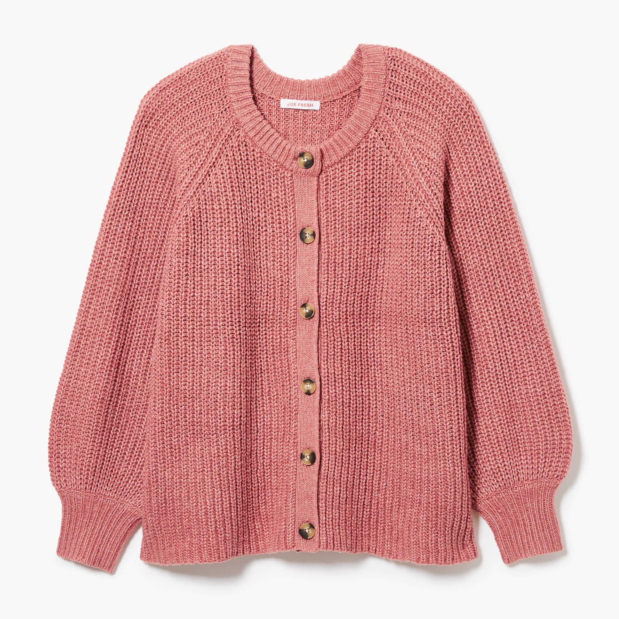 Women+ Blouson Sleeve Shaker Cardigan in Dusty Rose from Joe Fresh