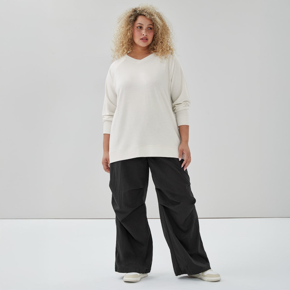 Women+ Active Terry V-Neck Pullover - Beige