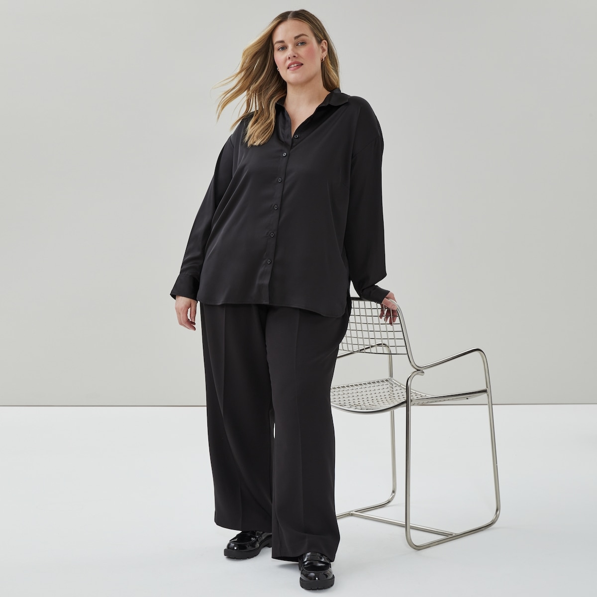 Women+ Satin Oversized Button-Up Shirt - Jf Black