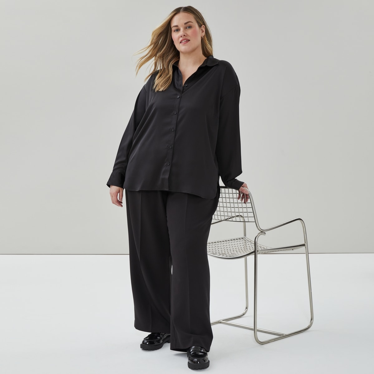 Women+ Satin Oversized Button-Up Shirt