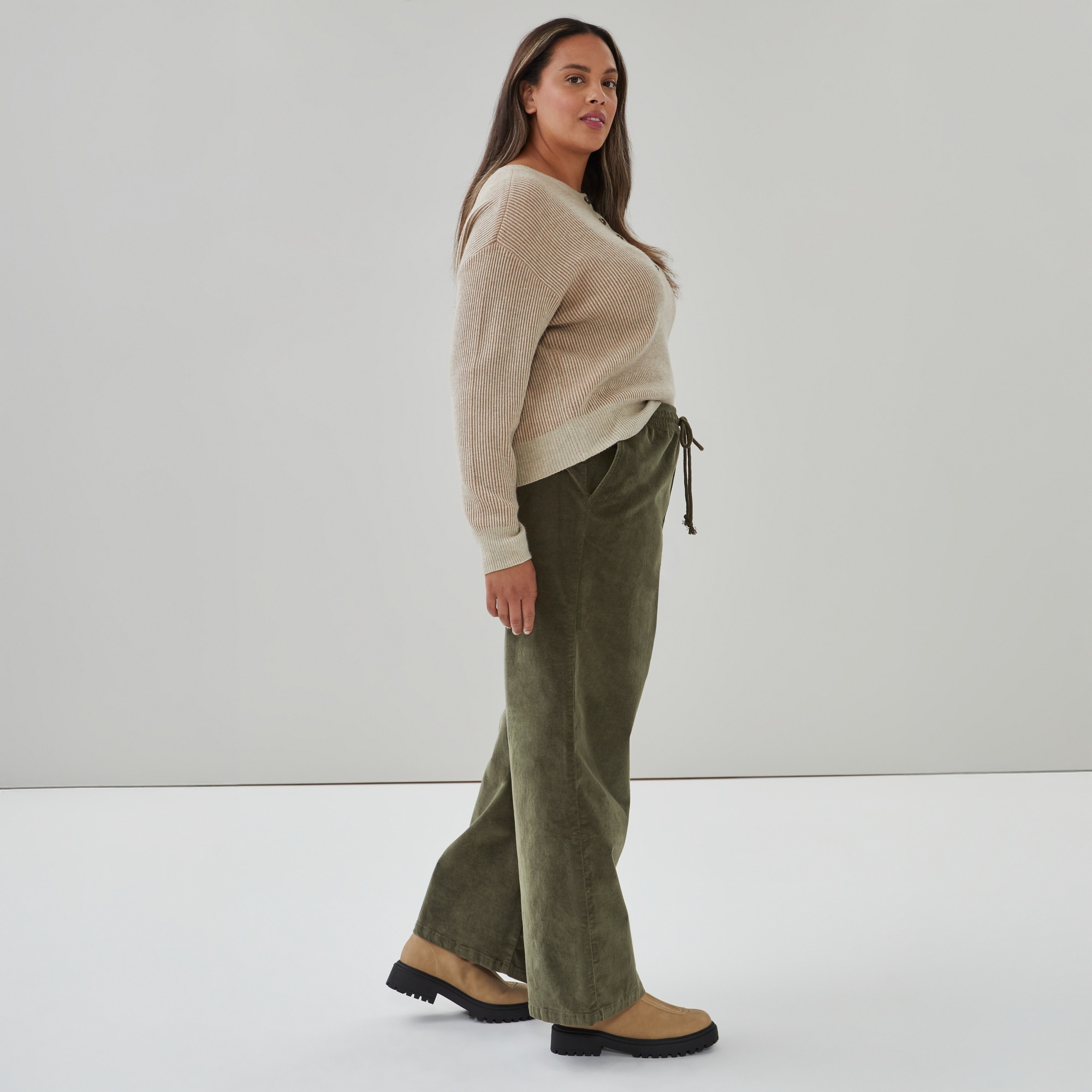 Women+ Corduroy Wide Leg Pant in Dark Olive from Joe Fresh
