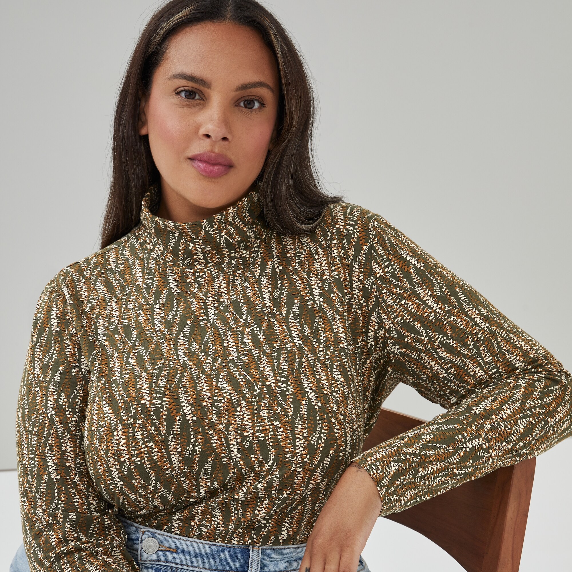 Women+ Printed Turtleneck in Dark Olive from Joe Fresh
