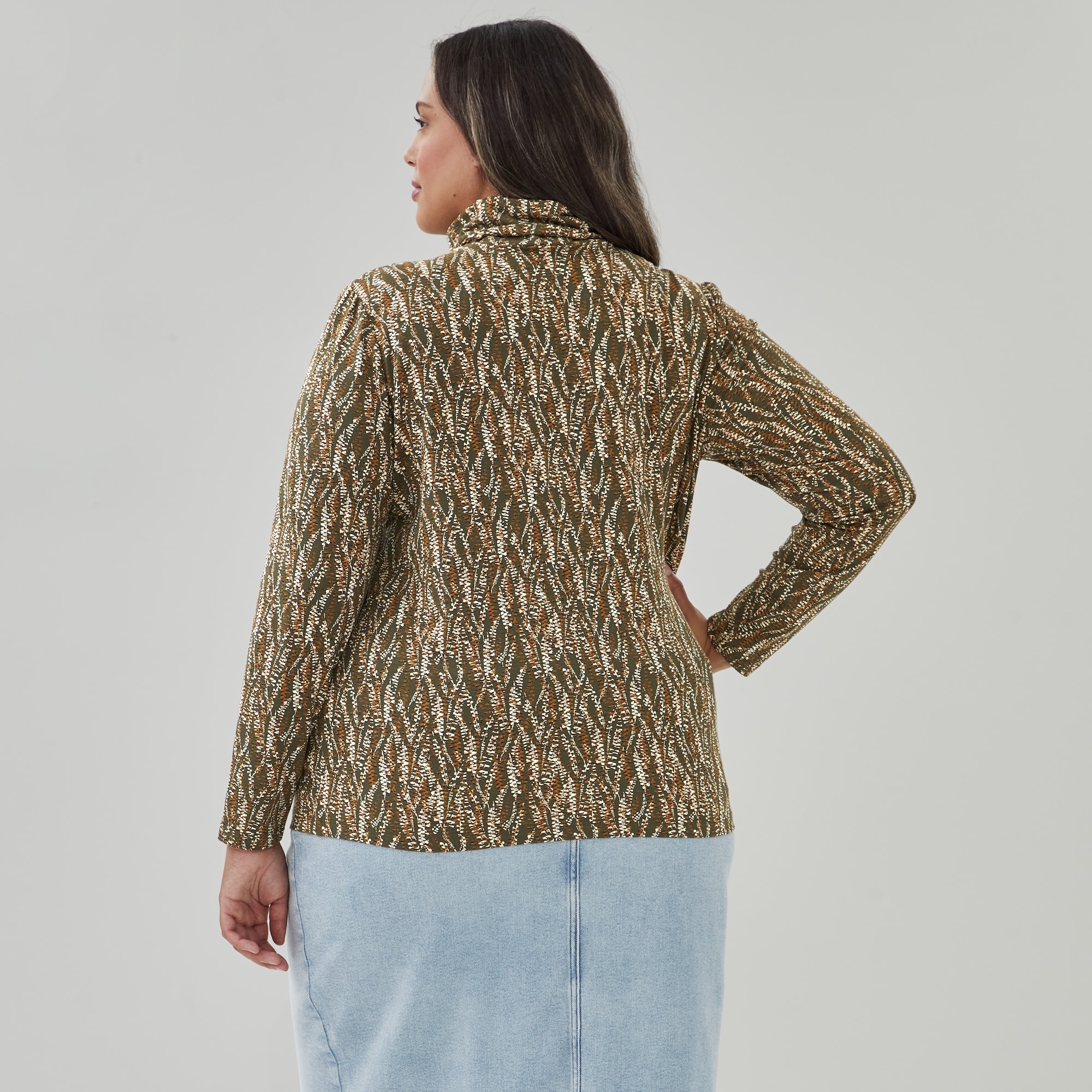 Women+ Printed Turtleneck in Dark Olive from Joe Fresh