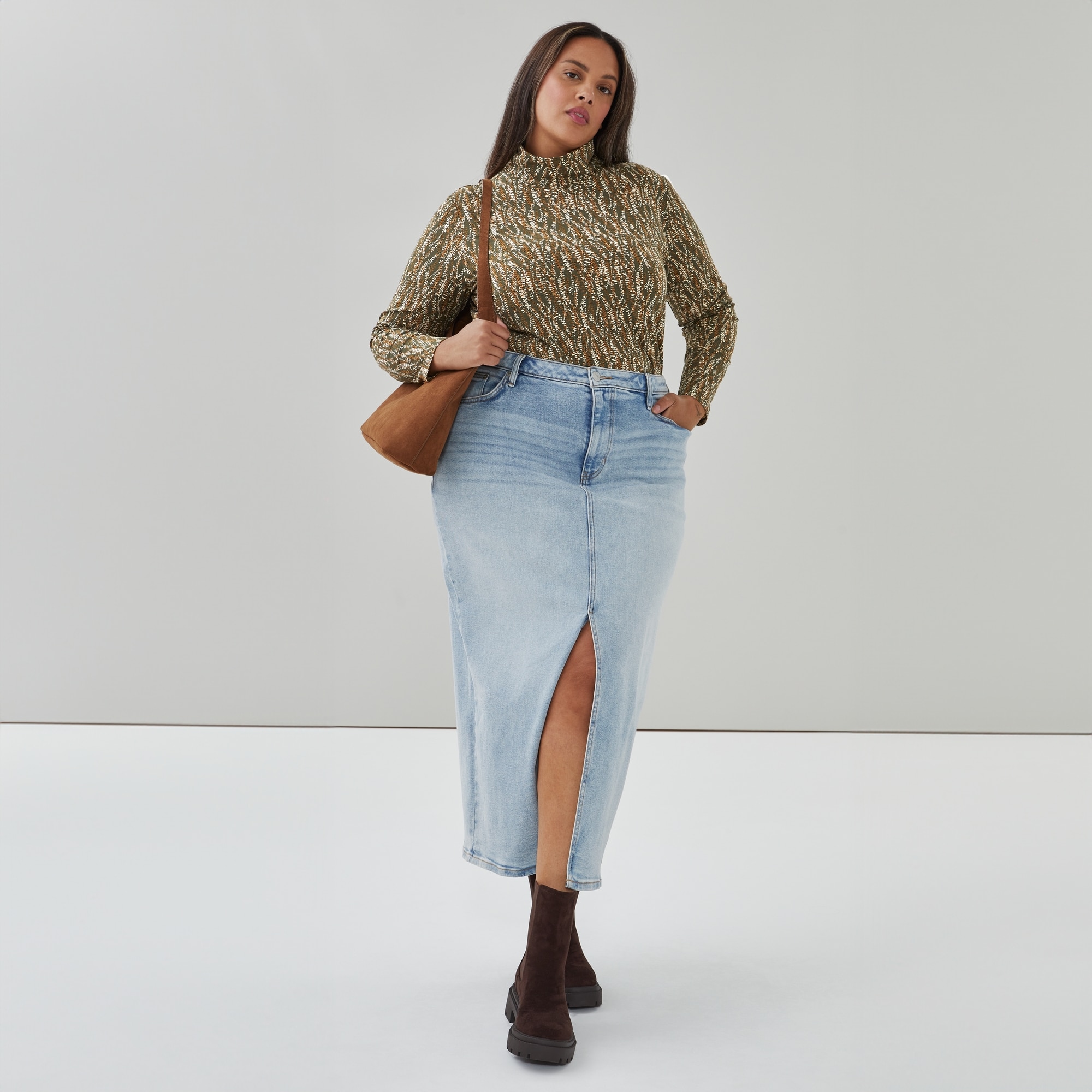 Women+ Printed Turtleneck in Dark Olive from Joe Fresh