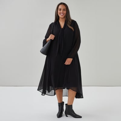 Women+ Chiffon Long Sleeve Tie Maxi Dress - JF Black
