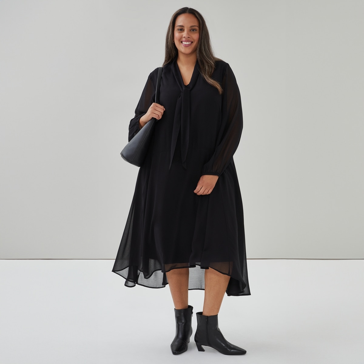Women+ Chiffon Long Sleeve Tie Maxi Dress