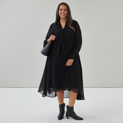 Women+ Chiffon Long Sleeve Tie Maxi Dress - JF Black