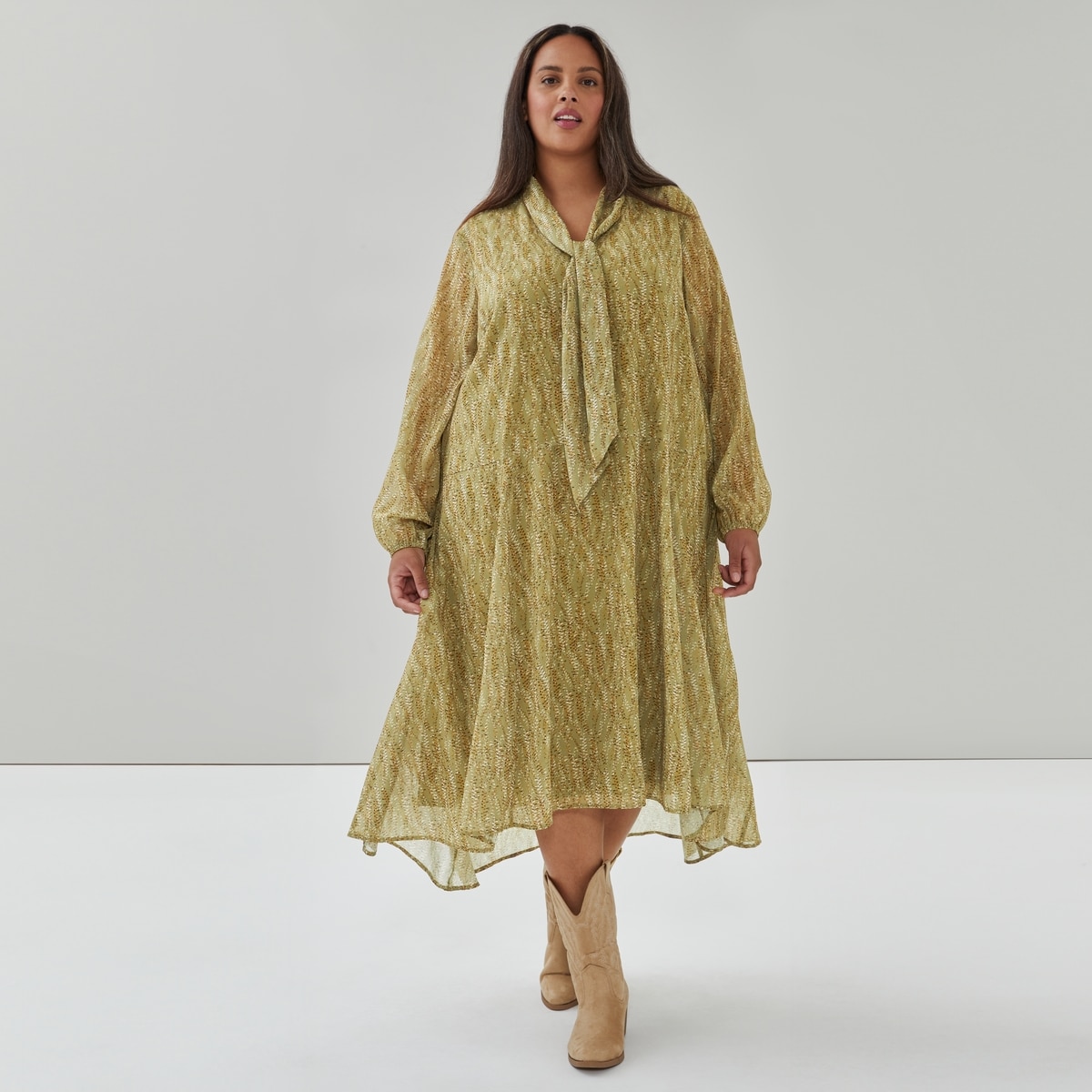 Women+ Chiffon Long Sleeve Tie Maxi Dress