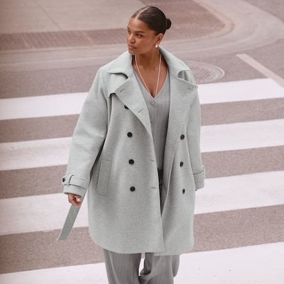 Women+ Double-Breasted Coat - Light Grey Mix