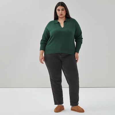 Women+ Cotton Cashmere Collared Sweater - Dark Green Mix