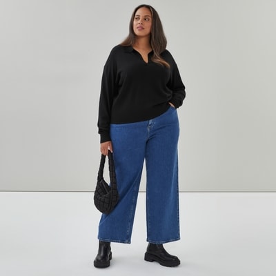 Women+ Cotton Cashmere Collared Sweater - JF Black