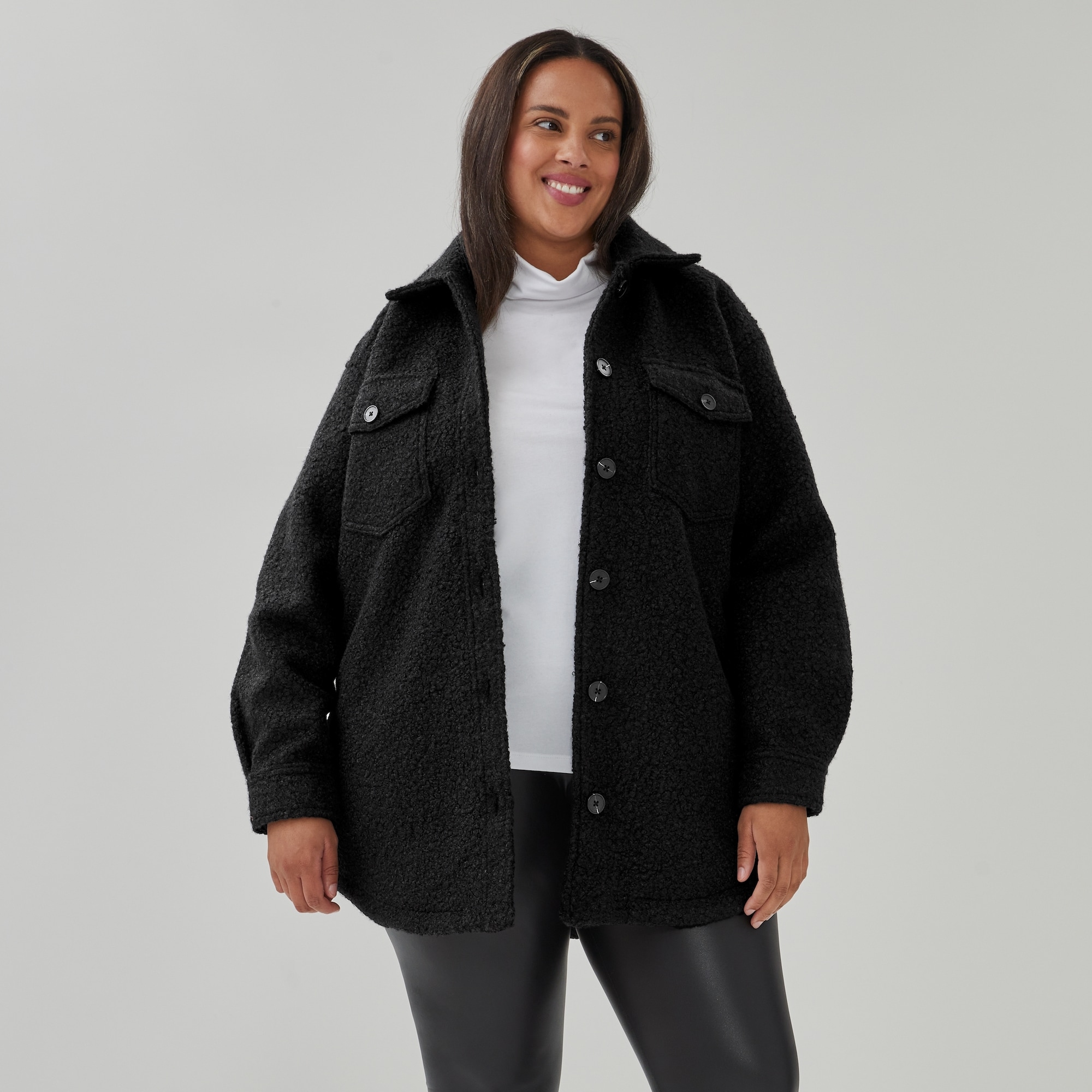 Women+ Fleece Shacket in JF Black from Joe Fresh