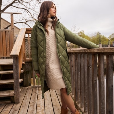 Veste longue matelassée à motif de losanges - Vert Kaki