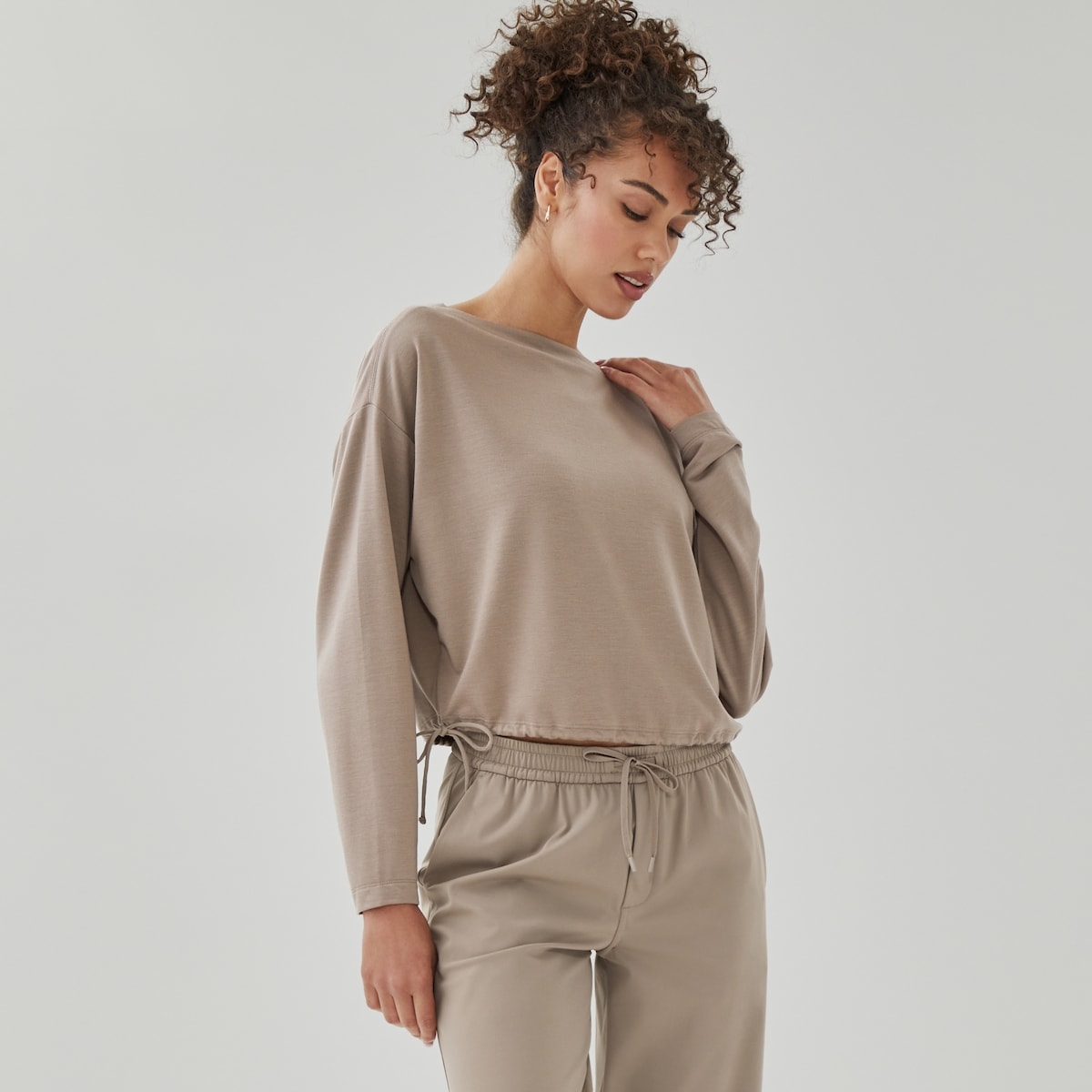 Active Boat Neck Long Sleeve Top - Light Brown