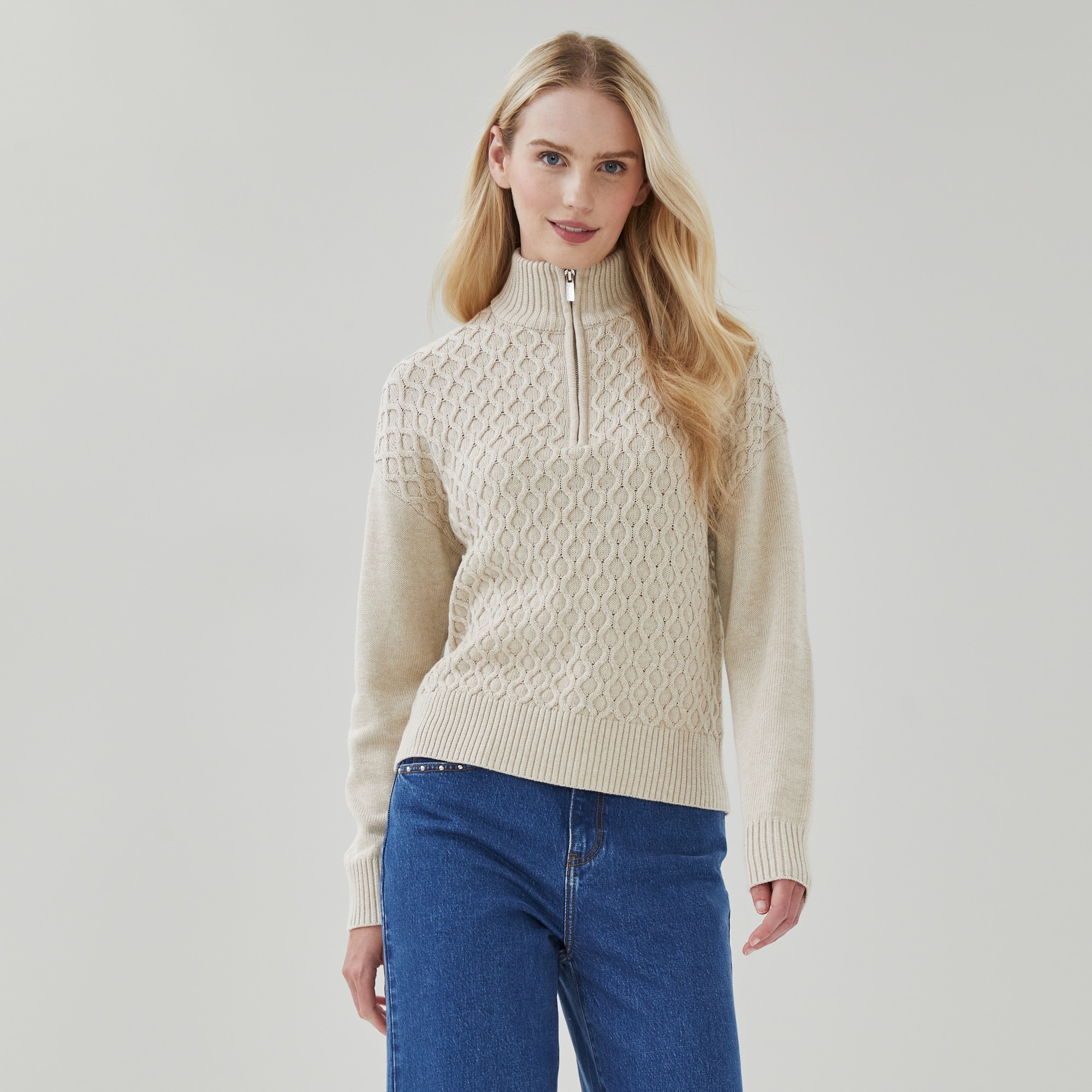 Quarter-Zip Sweater in Oat Mix from Joe Fresh