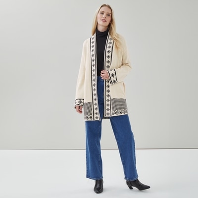 Front-Tie Jacquard Cardigan - Ecru