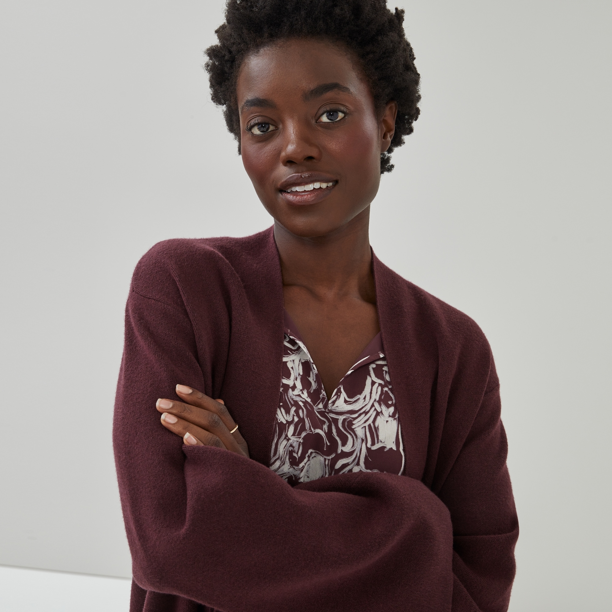 Long Cardigan in Dark Burgundy from Joe Fresh