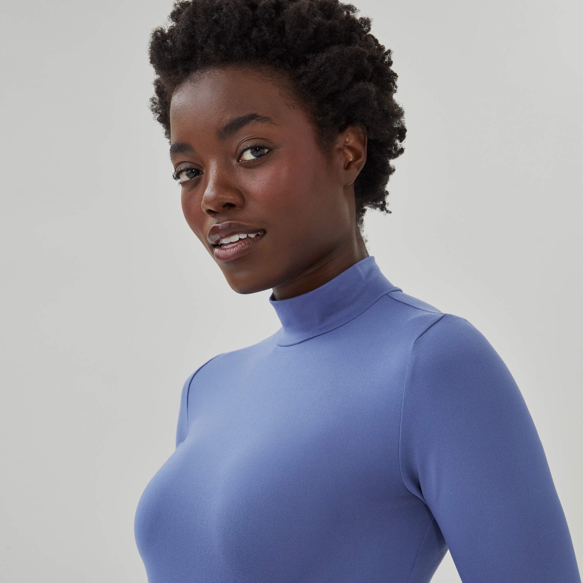 Mock Neck Long Sleeve Top in Dusty Blue from Joe Fresh