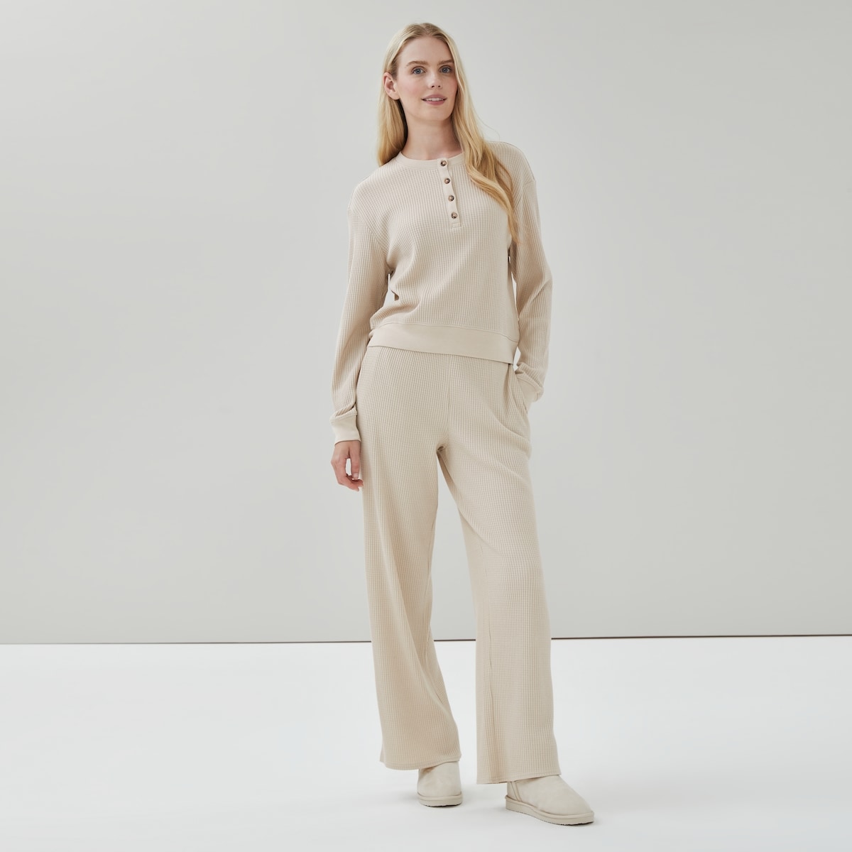 Chandail gaufr boutonn - Mlange Avoine