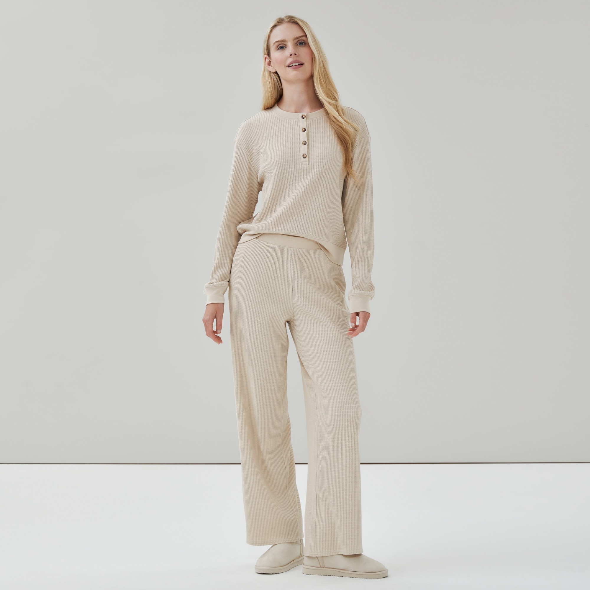 Waffle Wide Leg Pant in Oat Mix from Joe Fresh