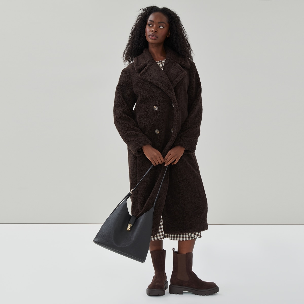 Faux Fur Oversized Coat - Dark Brown