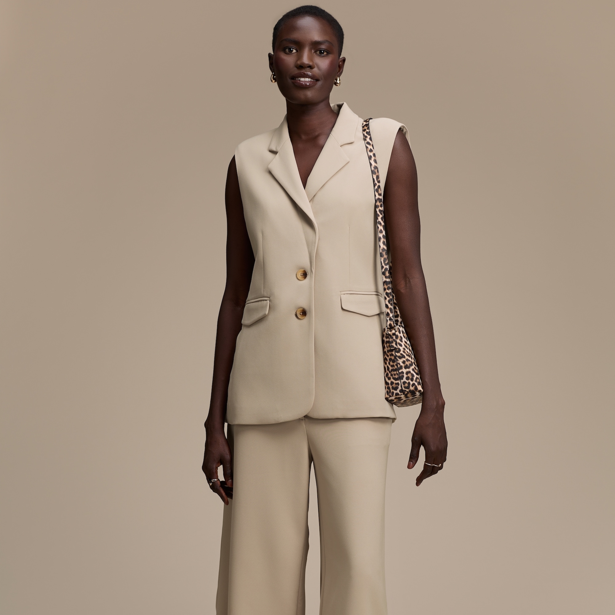 Crepe Blazer Vest in Light Khaki Brown from Joe Fresh