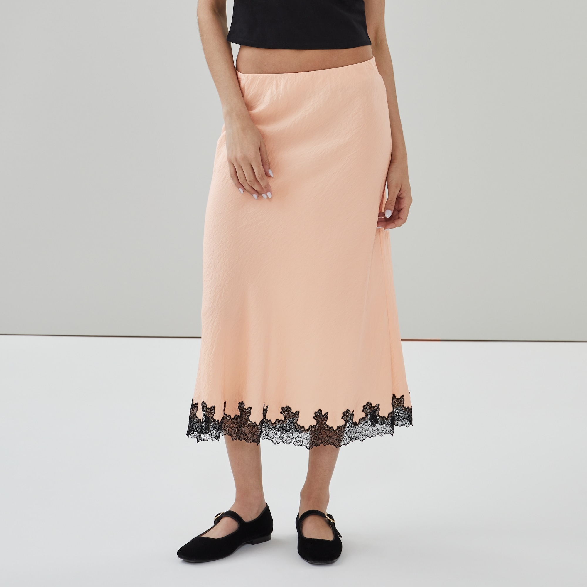Lace Trim Satin Slip Skirt in Peach from Joe Fresh