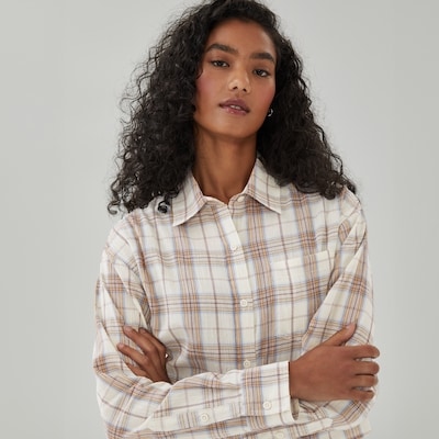 Boxy Cropped Plaid Shirt - Cream