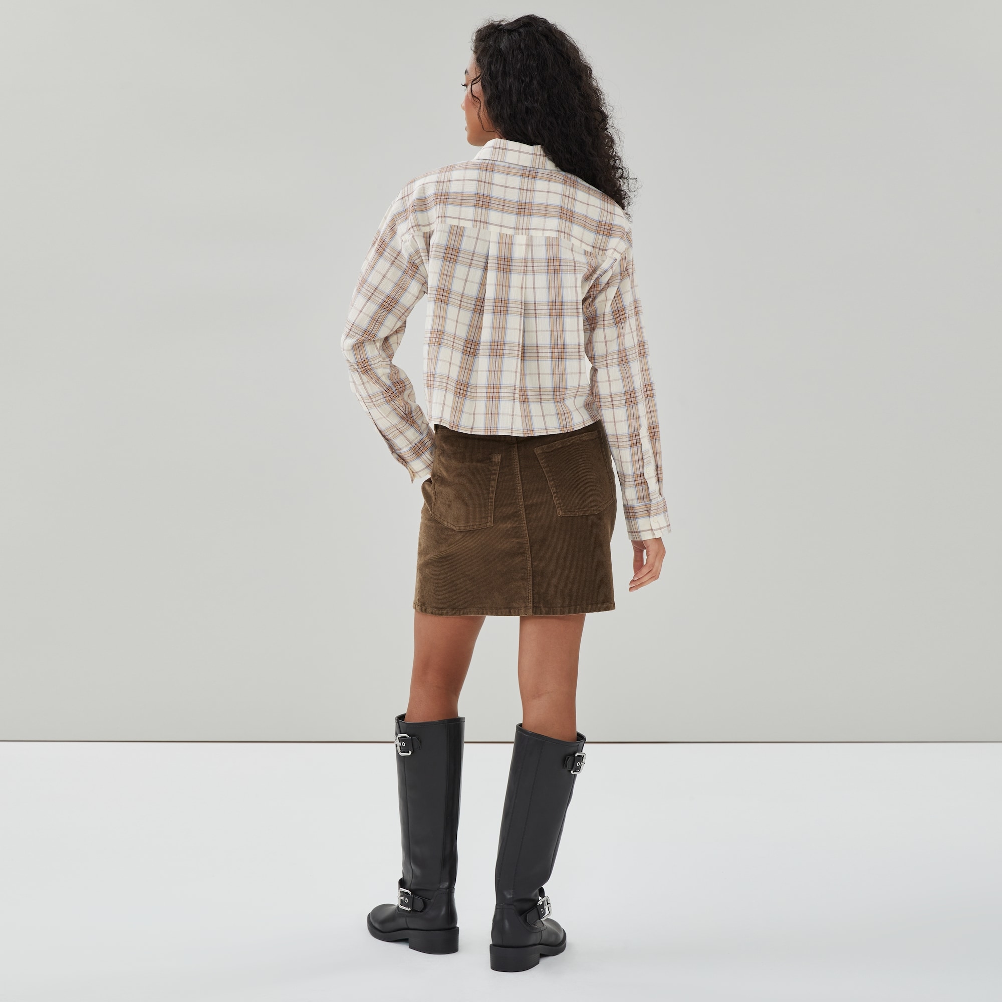 Boxy Cropped Plaid Shirt in Cream from Joe Fresh