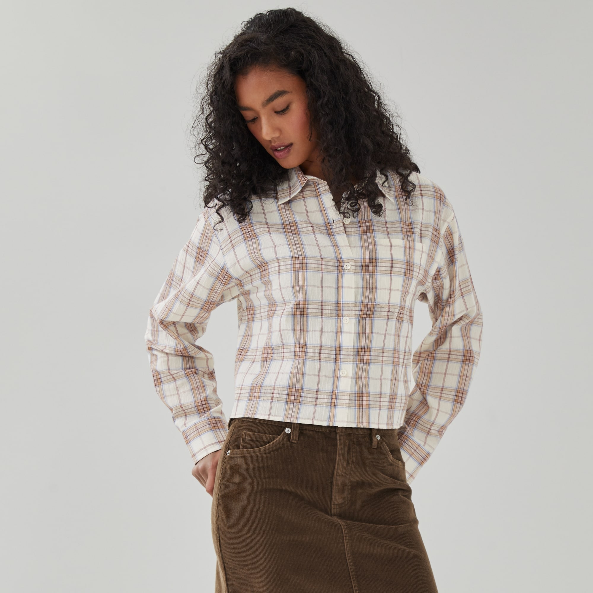 Boxy Cropped Plaid Shirt in Cream from Joe Fresh