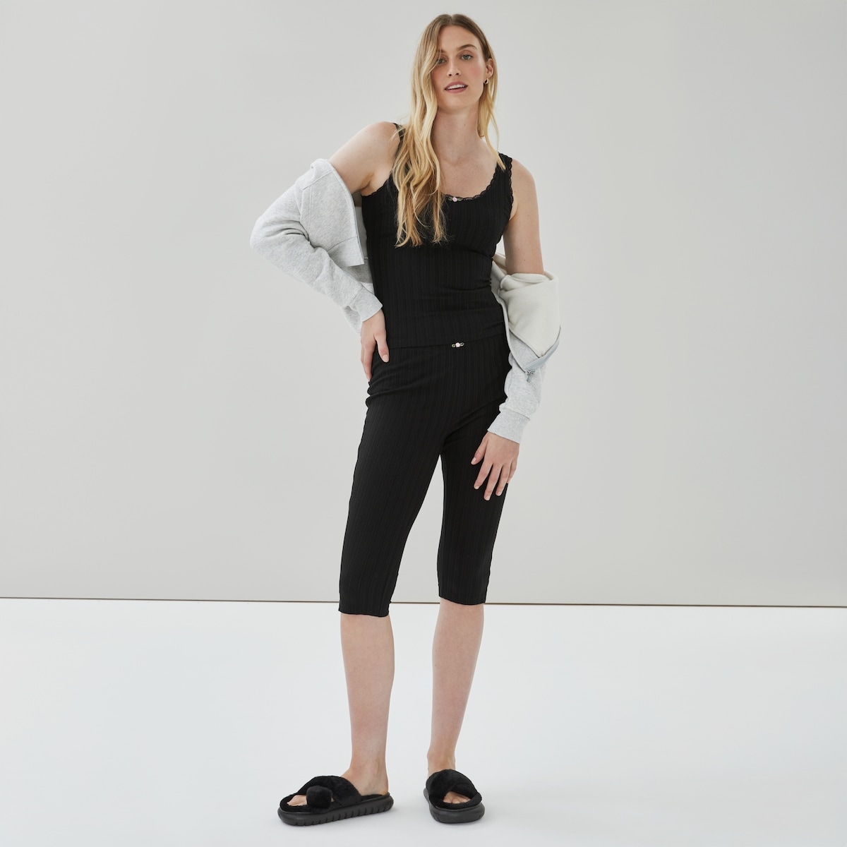 Pantalon de nuit court en tricot pointelle - Noir