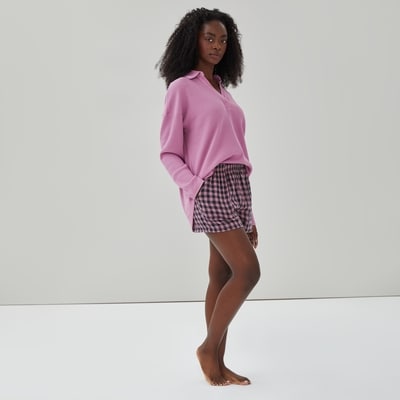 Short de nuit à carreaux en gaze - Mauve