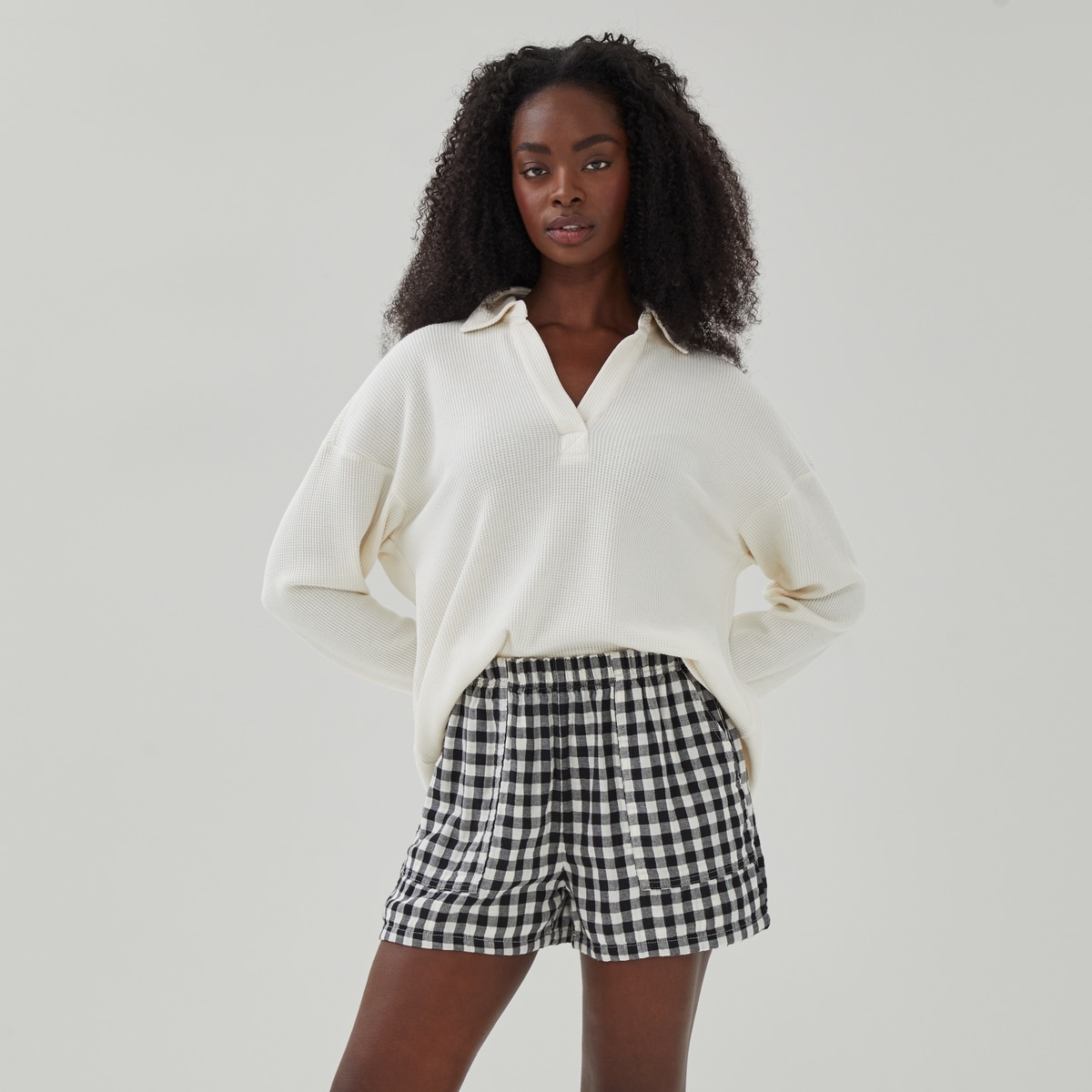 Plaid Gauze Sleep Short - Ecru