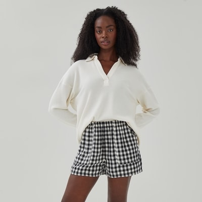 Short de nuit à carreaux en gaze - Écru