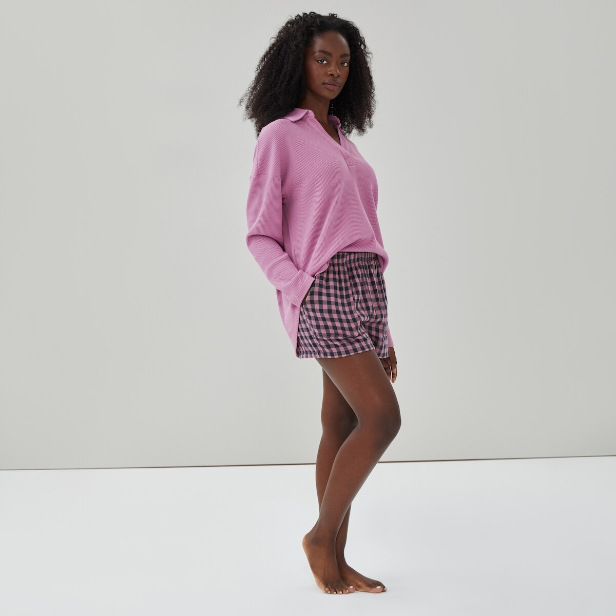 Short de nuit  carreaux en gaze - Mauve
