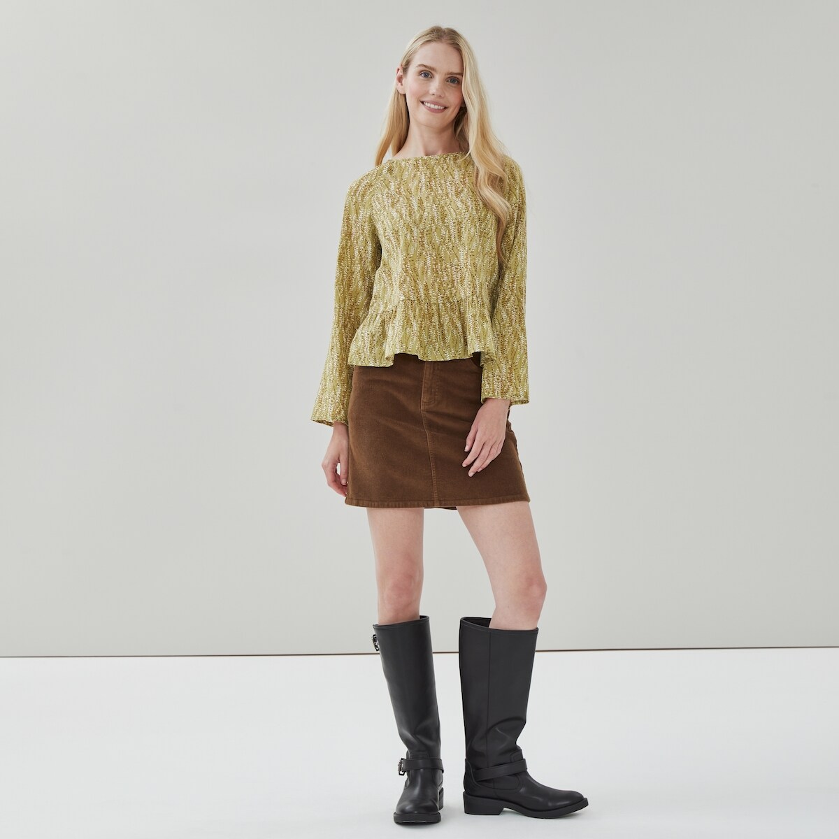 Peplum Crinkled Long Sleeve Top