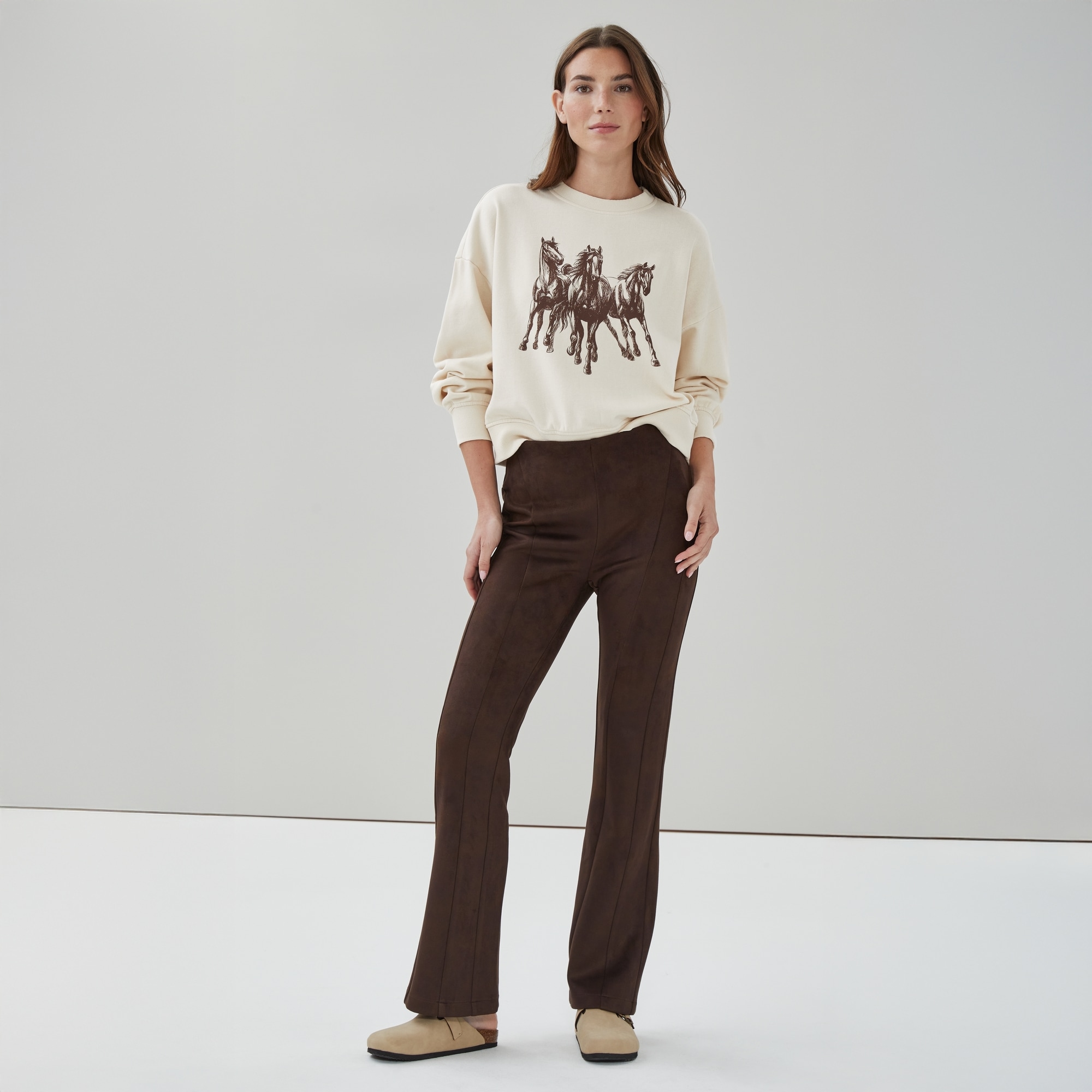 Faux Suede Flared Pant in Dark Brown from Joe Fresh