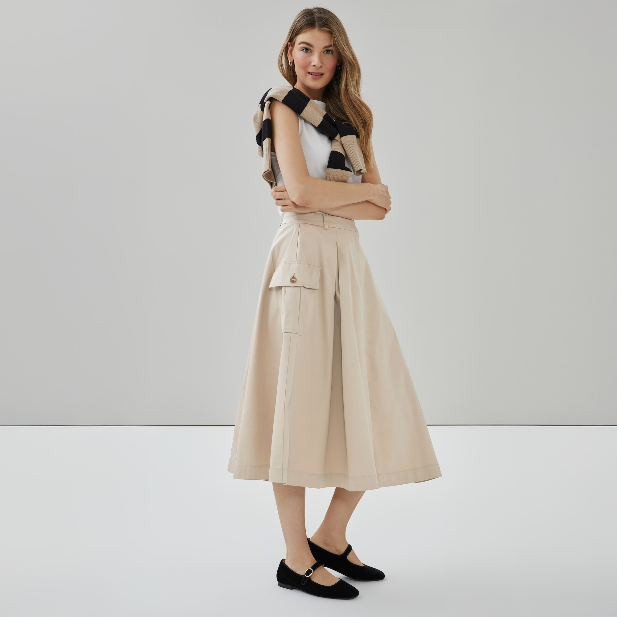 Cargo Cotton Pleated Midi Skirt in Light Khaki Brown from Joe Fresh