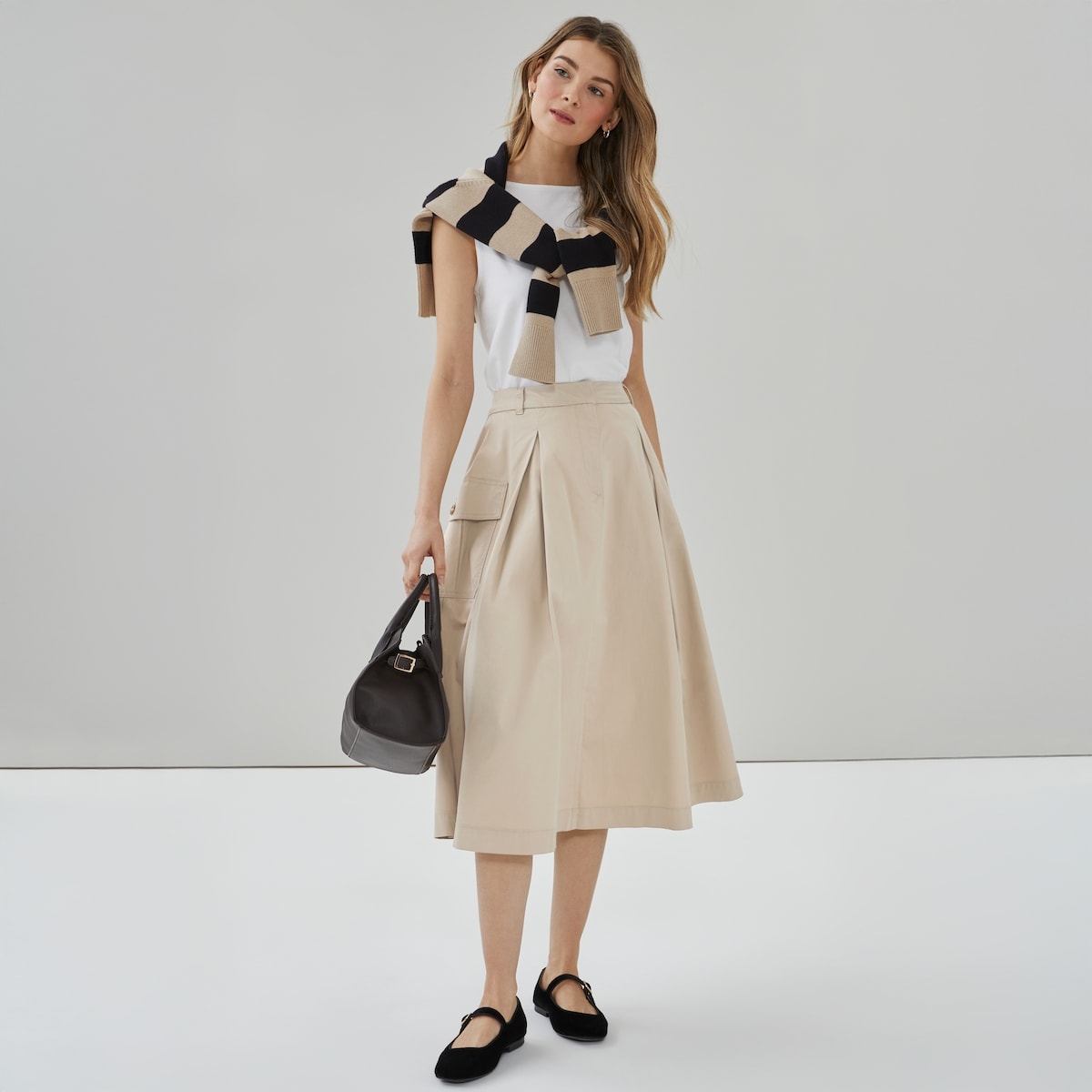 Cargo Cotton Pleated Midi Skirt