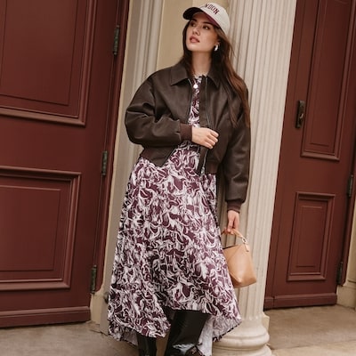 Printed Satin Dress - Burgundy