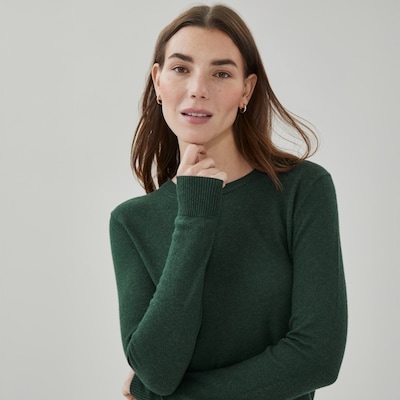 Cotton Cashmere Crew Neck Sweater - Dark Green Mix