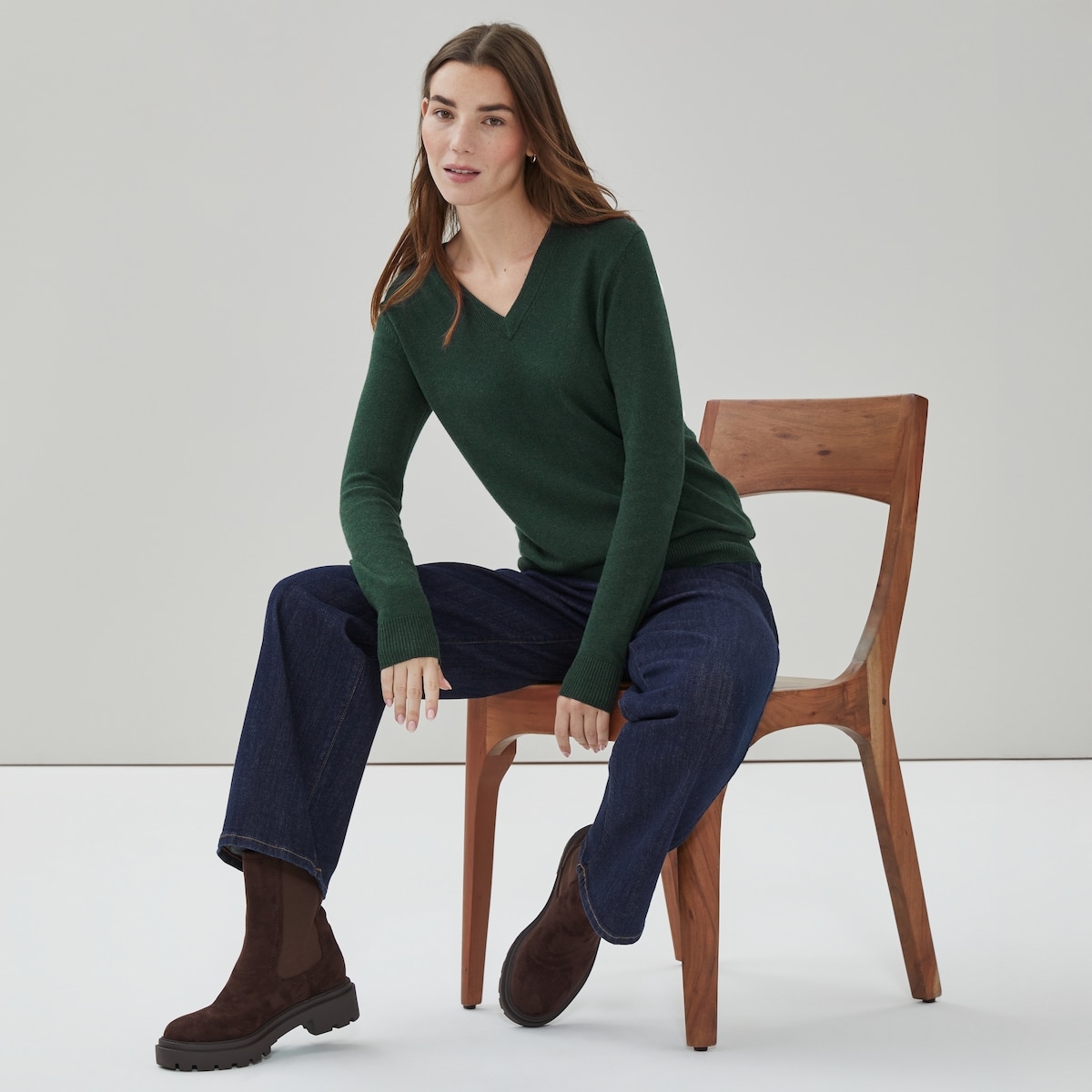 Cotton Cashmere V-Neck Sweater - Dark Green Mix
