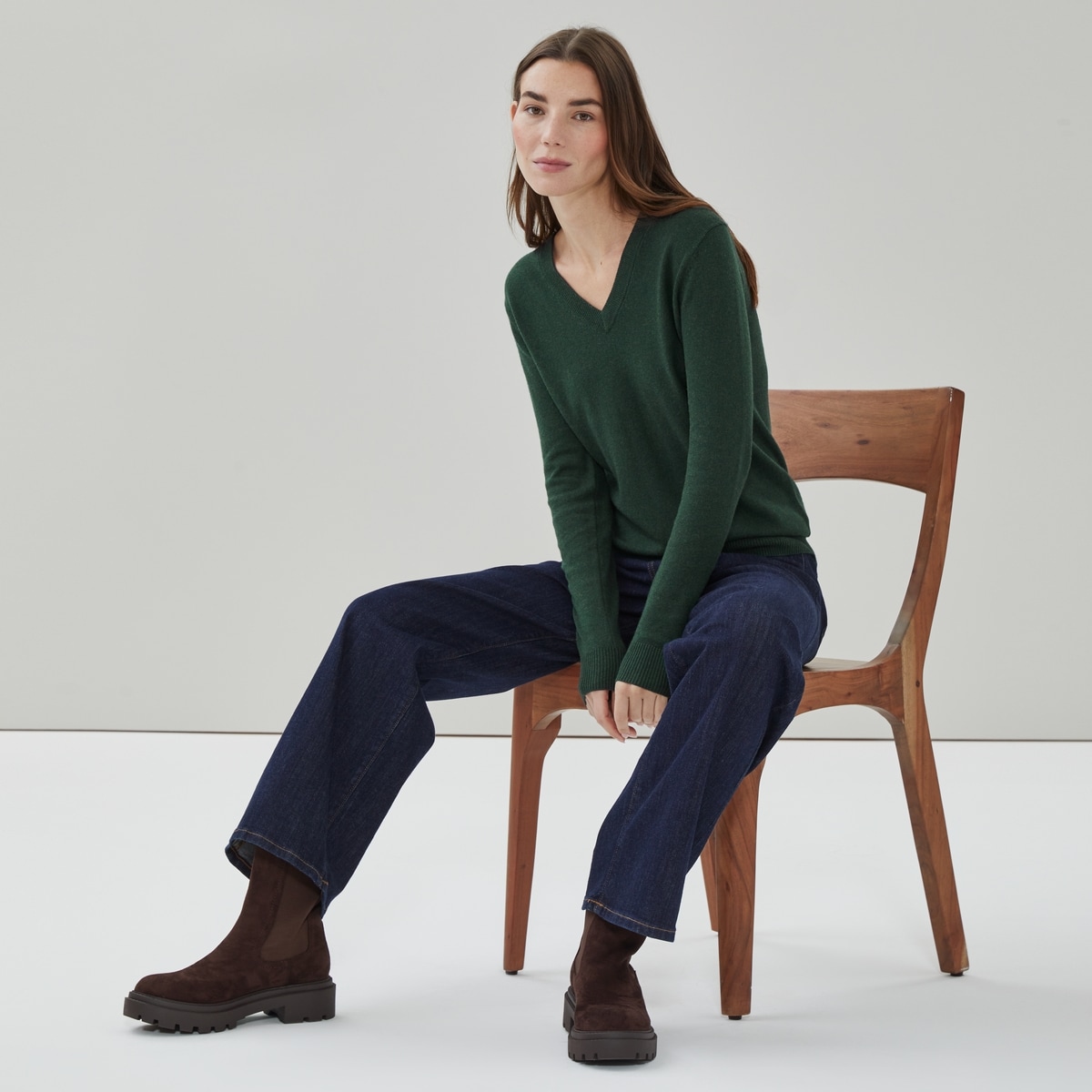 Cotton Cashmere V-Neck Sweater - Dark Green Mix