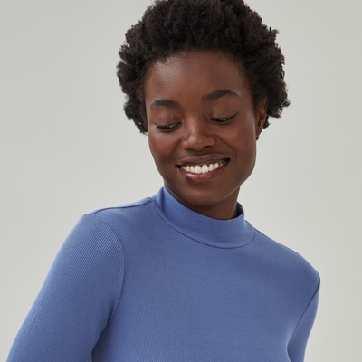 Ribbed Mock Neck Top - Dusty Blue