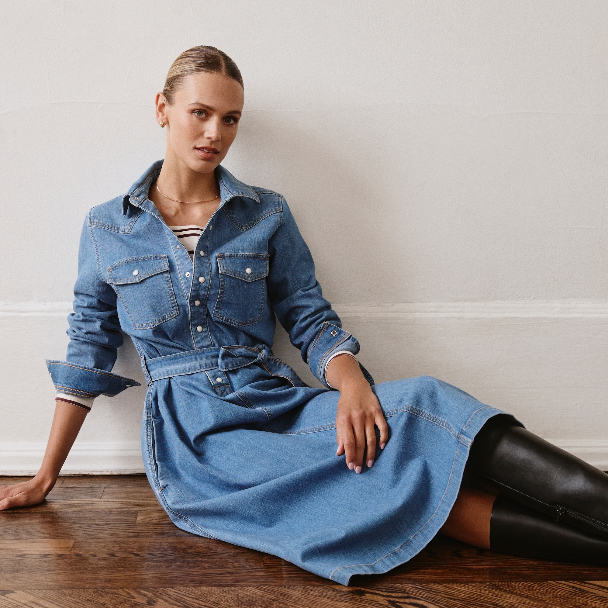 Denim Belted Midi Dress in Medium Wash from Joe Fresh