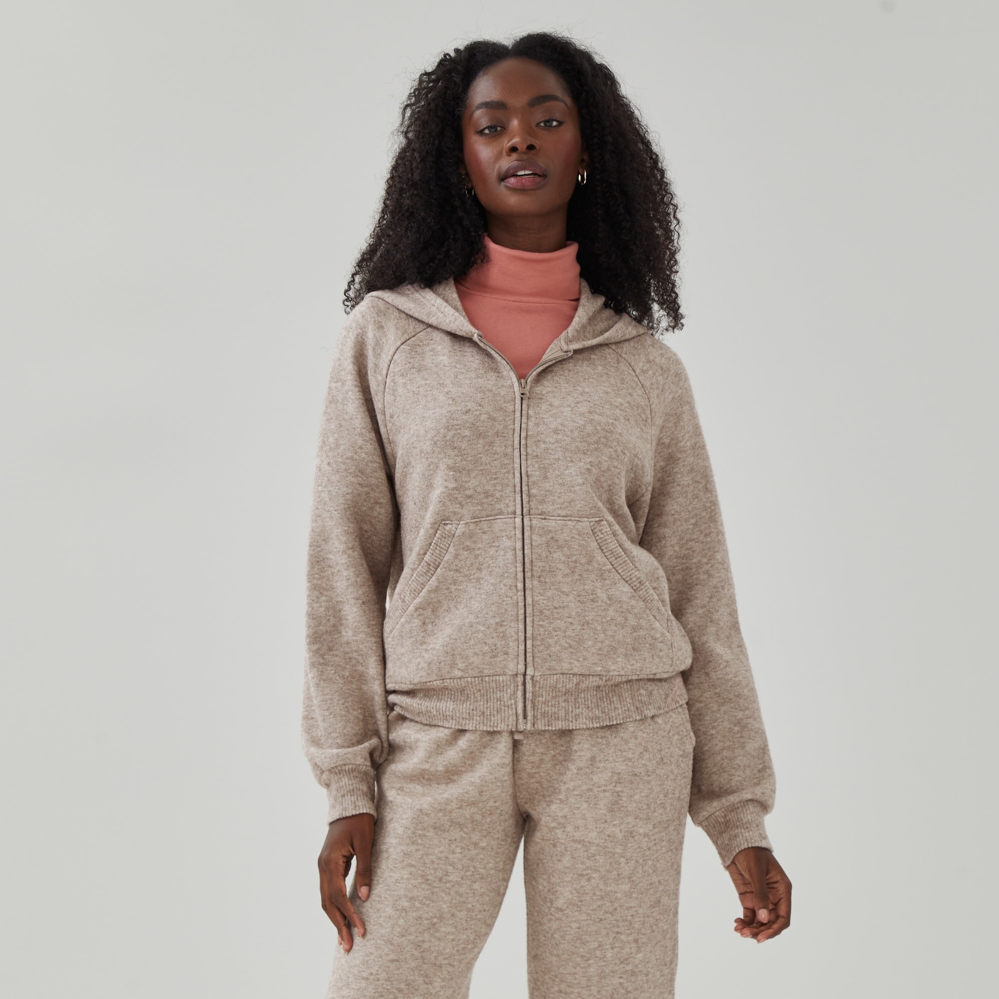 Full-Zip Knit Hoodie in Dark Brown Mix from Joe Fresh