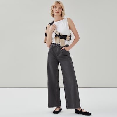 Jean jambe large aux bords effilochés pour femmes - Noir